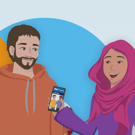 Comichafte Zeichnung einer Frau mit Hijab und Smartphone und einem Mann, der ihr zuhört